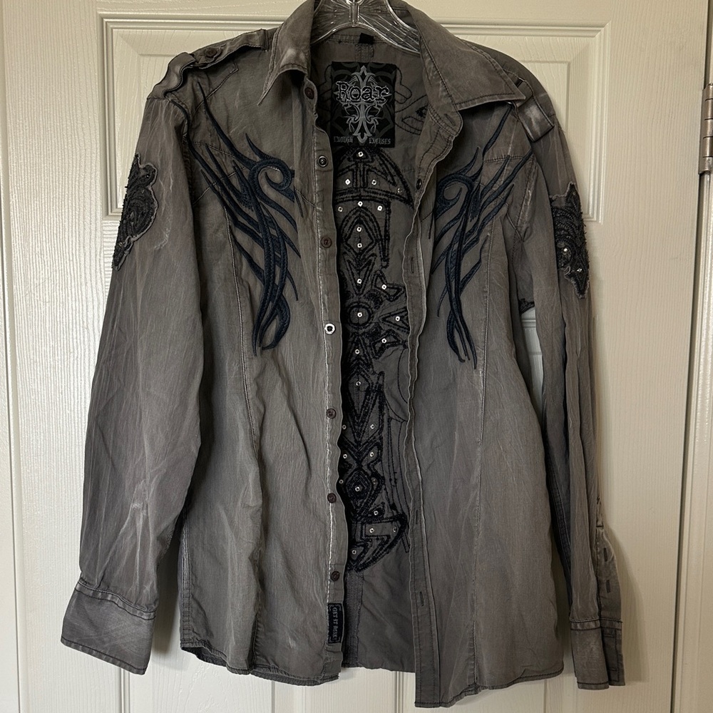 Roar Gray Button Down Shirt with Black Embroidery